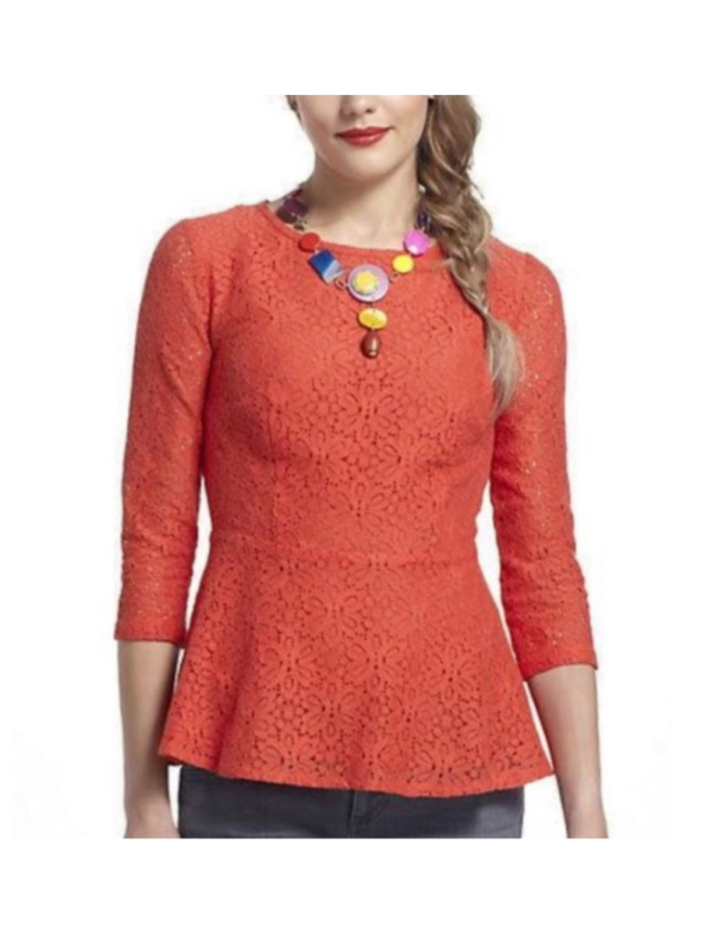 MOULINETTE SOEURS Anthropologie Lace Peplum Blouse 3/4 Sleeve‎ Size 4